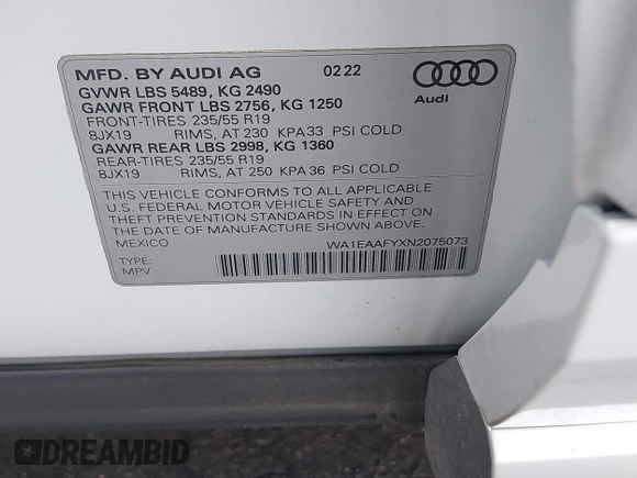 2022 Audi Q5 S line Premium Plus with VIN WA1EAAFYXN2075073, listed as a IAAI auction lot 42444448 with 16,404 mi miles and . Bid and sale history available at DreamBid. Image 9.