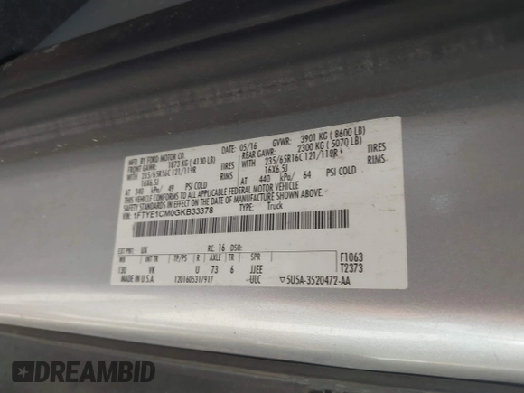 2016 Ford Transit Cargo с VIN 1FTYE1CM0GKB33378, выставлен на аукционе IAAI как лот 42327987 с пробегом 156 020 миль миль и . История ставок и продаж доступна на DreamBid. Изображение 9.