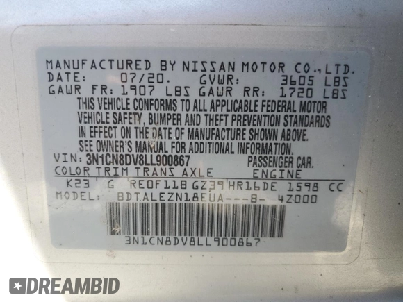 2020 Nissan Versa S with VIN 3N1CN8DV8LL900867, listed as a Copart auction lot 47627485 with 89,175 mi miles and Salvage Title. Bid and sale history available at carsss.com. Image 12.