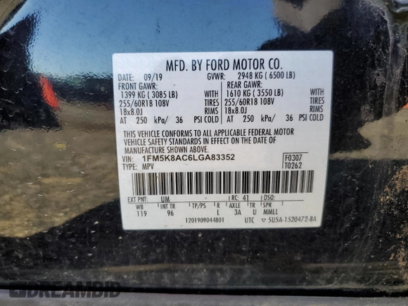 2020 Ford Explorer z VIN 1FM5K8AC6LGA83352, wystawiony jako Copart lot #56030895 z przebiegiem 169 358 mil mil oraz Nie do naprawy • Non repairable. Historia ofert i sprzedaży dostępna na DreamBid. Obrazek 13.