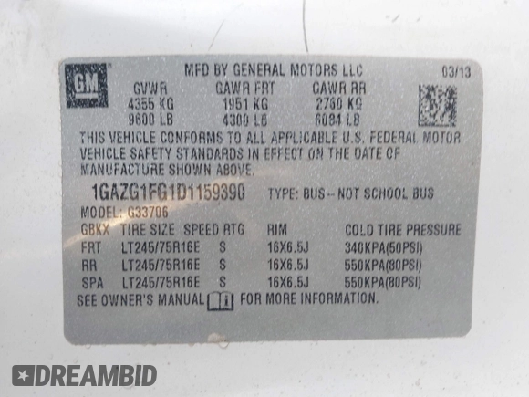 2013 Chevrolet Express Passenger LT with VIN 1GAZG1FG1D1159390, listed as a IAAI auction lot 41191409 with 176,899 mi miles and . Bid and sale history available at DreamBid. Image 9.