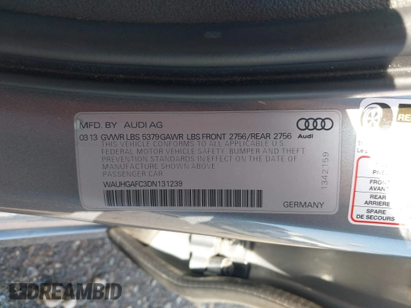 2013 Audi A6 3.0T Prestige with VIN WAUHGAFC3DN131239, listed as a IAAI auction lot 41168869 with 134,628 mi miles. Bid and sale history available at carsss.com. Image 9.