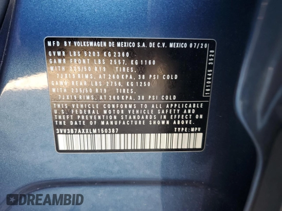 2020 Volkswagen Tiguan SE z VIN 3VV3B7AXXLM150387, wystawiony jako Copart lot #50516415 z przebiegiem 31 419 mil mil oraz Szkody całkowita. Historia ofert i sprzedaży dostępna na DreamBid. Obrazek 13.