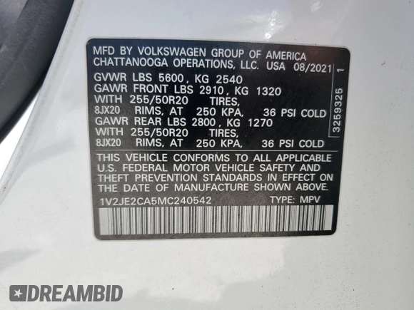 2021 Volkswagen Atlas SE с VIN 1V2JE2CA5MC240542, выставлен на аукционе Copart как лот 53096095 с пробегом 117 948 миль миль и На запчасти • Non repairable. История ставок и продаж доступна на DreamBid. Изображение 13.