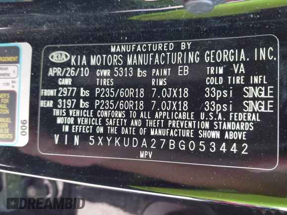 2011 Kia Sorento EX with VIN 5XYKUDA27BG053442, listed as a IAAI auction lot 42062265 with 120,996 mi miles. Bid and sale history available at carsss.com. Image 9.