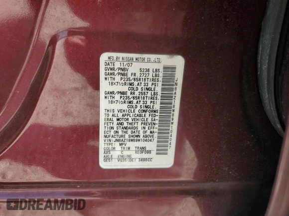 2009 Nissan Murano S with VIN JN8AZ18W89W104047, listed as a Copart auction lot 50977575 with 166,442 mi miles and Salvage Title. Bid and sale history available at carsss.com. Image 13.