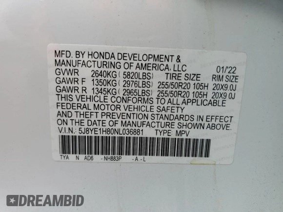 2022 Acura MDX w/Advance Package with VIN 5J8YE1H80NL036881, listed as a Copart auction lot 45519633 with 11,953 mi miles. Bid and sale history available at carsss.com. Image 13.