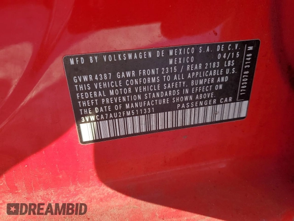 2015 Volkswagen Golf SportWagen TDI SEL with VIN 3VWCA7AU2FM511331, listed as a Copart auction lot 88718935 with 0 mi miles and Salvage Title. Bid and sale history available at carsss.com. Image 14.