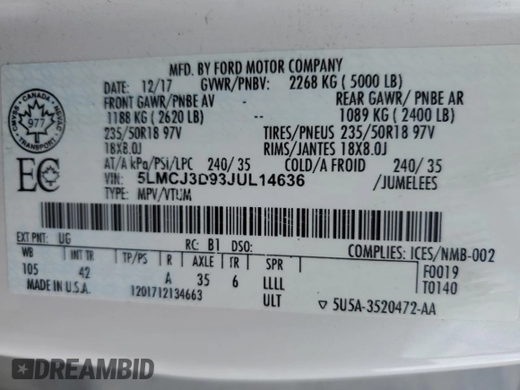 2018 Lincoln MKC Reserve with VIN 5LMCJ3D93JUL14636, listed as a Copart auction lot 56948475 with 98,936 mi miles and Clean title. Bid and sale history available at DreamBid. Image 13.