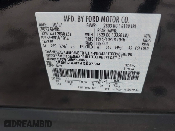 2017 Ford Explorer z VIN 1FM5K8B87HGE27594, wystawiony jako IAAI lot #42686352 z przebiegiem 93 173 mil mil oraz . Historia ofert i sprzedaży dostępna na DreamBid. Obrazek 9.