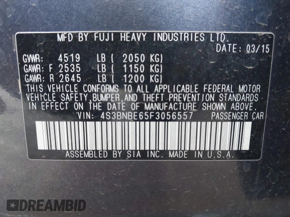 2015 Subaru Legacy Premium with VIN 4S3BNBE65F3056557, listed as a IAAI auction lot 42422624 with 126,799 mi miles and . Bid and sale history available at DreamBid. Image 9.