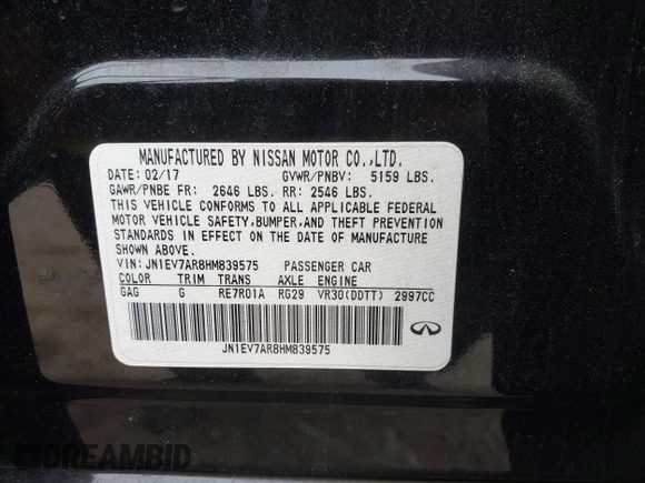 2017 Infiniti Q50 Premium z VIN JN1EV7AR8HM839575, wystawiony jako IAAI lot #42208933 z przebiegiem 160 873 mil mil oraz . Historia ofert i sprzedaży dostępna na DreamBid. Obrazek 9.