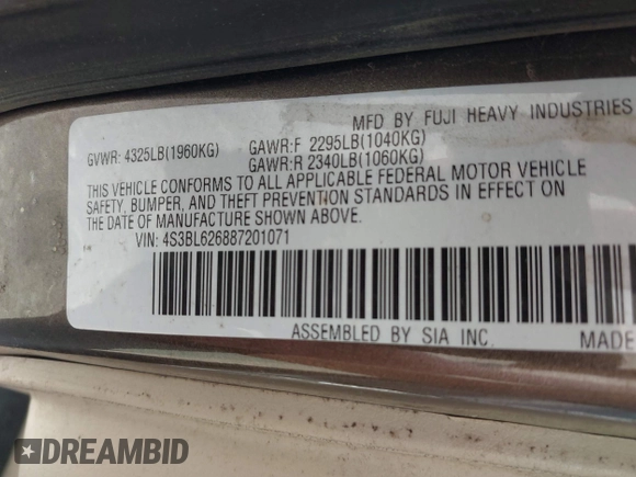 2008 Subaru Legacy Limited with VIN 4S3BL626887201071, listed as a IAAI auction lot 42119881 with 140,478 mi miles and . Bid and sale history available at DreamBid. Image 9.