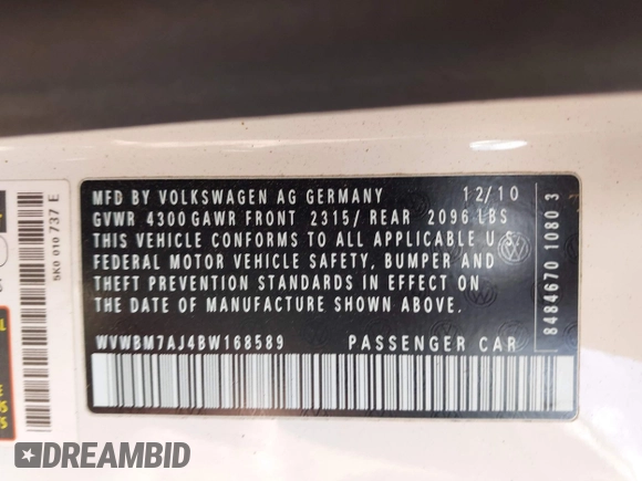 2011 Volkswagen Golf TDI с VIN WVWBM7AJ4BW168589, выставлен на аукционе IAAI как лот 42037541 с пробегом 217 710 миль миль и . История ставок и продаж доступна на DreamBid. Изображение 9.