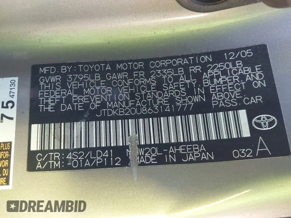 2006 Toyota Prius with VIN JTDKB20U863141777, listed as a IAAI auction lot 41427842 with 159,387 mi miles. Bid and sale history available at carsss.com. Image 9.