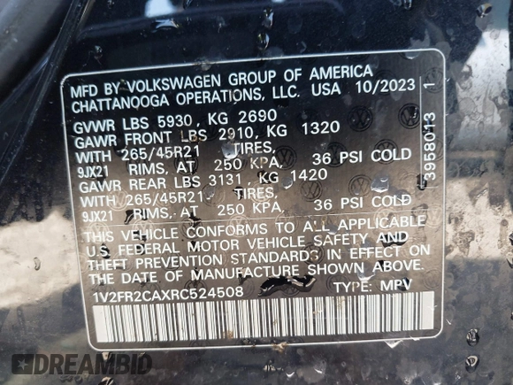 2024 Volkswagen Atlas SEL Premium R-Line z VIN 1V2FR2CAXRC524508, wystawiony jako IAAI lot #41922839 z przebiegiem 53 393 mil mil oraz . Historia ofert i sprzedaży dostępna na DreamBid. Obrazek 9.