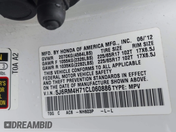 2012 Honda CR-V EX-L with VIN 5J6RM4H71CL060886, listed as a IAAI auction lot 41969581 with 102,269 mi miles and . Bid and sale history available at DreamBid. Image 9.