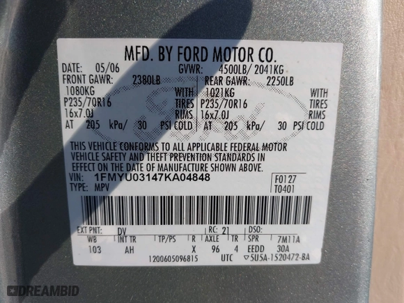 2007 Ford Escape XLT with VIN 1FMYU03147KA04848, listed as a IAAI auction lot 41699837 with 170,356 mi miles. Bid and sale history available at carsss.com. Image 9.