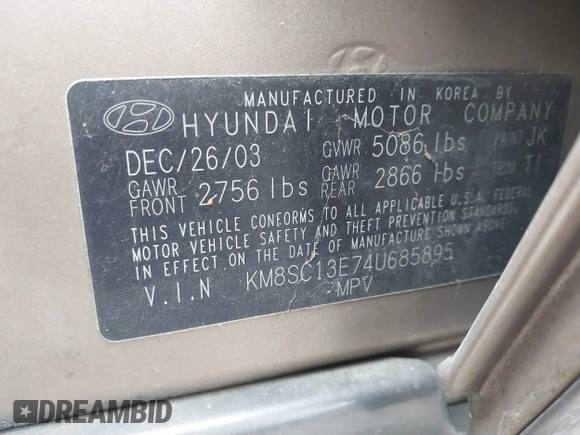 2004 Hyundai Santa Fe GLS with VIN KM8SC13E74U685895, listed as a IAAI auction lot 41813226 with 195,217 mi miles. Bid and sale history available at carsss.com. Image 9.