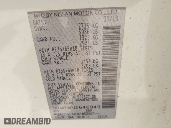 2014 Nissan Pathfinder SL с VIN 5N1AR2MNXEC646949, выставлен на аукционе IAAI как лот 42668722 с пробегом Не указан миль и . История ставок и продаж доступна на DreamBid. Изображение 9.