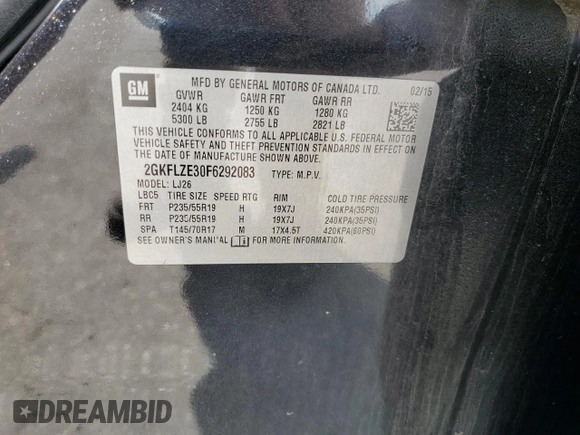 2015 GMC Terrain Denali with VIN 2GKFLZE30F6292083, listed as a Copart auction lot 60028675 with 131,153 mi miles and Salvage title. Bid and sale history available at DreamBid. Image 13.