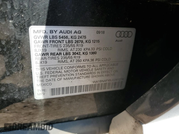 2018 Audi Q5 Premium Plus with VIN WA1BNAFY5J2241274, listed as a Copart auction lot 59500275 with 37,303 mi miles and Salvage title. Bid and sale history available at DreamBid. Image 13.