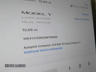 2021 Tesla Model Y Long Range with VIN 5YJYGDEE2MF185945, listed as a IAAI auction lot 41599029 with 53,815 mi miles and . Bid and sale history available at DreamBid. Image 16.