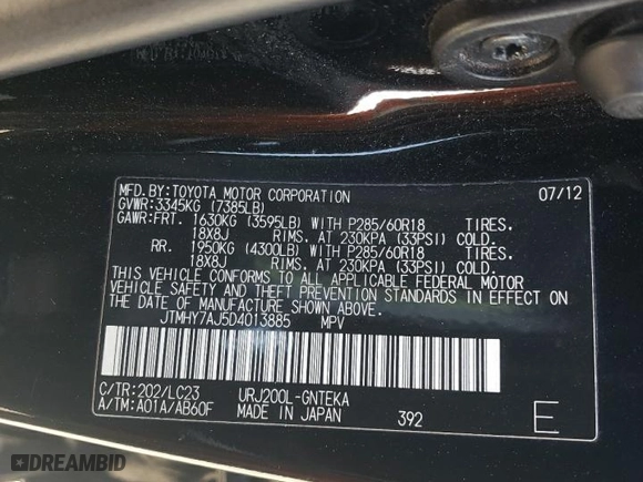 2013 Toyota Land Cruiser with VIN JTMHY7AJ5D4013885, listed as a Copart auction lot 46133455 with 289,992 mi miles and Clean Title. Bid and sale history available at carsss.com. Image 13.