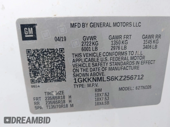 2019 GMC Acadia SLT with VIN 1GKKNMLS6KZ256712, listed as a IAAI auction lot 41791693 with 1 mi miles. Bid and sale history available at carsss.com. Image 9.