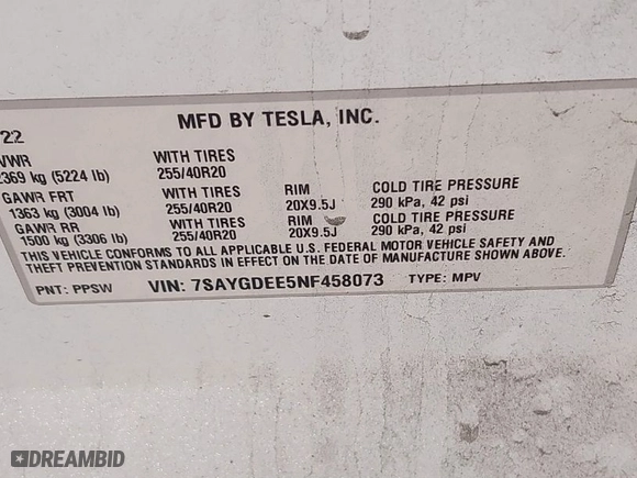 2022 Tesla Model Y Long Range with VIN 7SAYGDEE5NF458073, listed as a IAAI auction lot 41120536 with 35,118 mi miles. Bid and sale history available at carsss.com. Image 9.