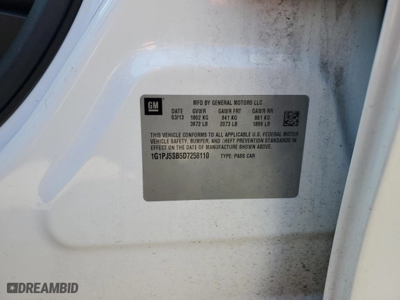 2013 Chevrolet Cruze ECO with VIN 1G1PJ5SB5D7258110, listed as a Copart auction lot 81578484 with 180,891 mi miles and Salvage Title. Bid and sale history available at carsss.com. Image 12.