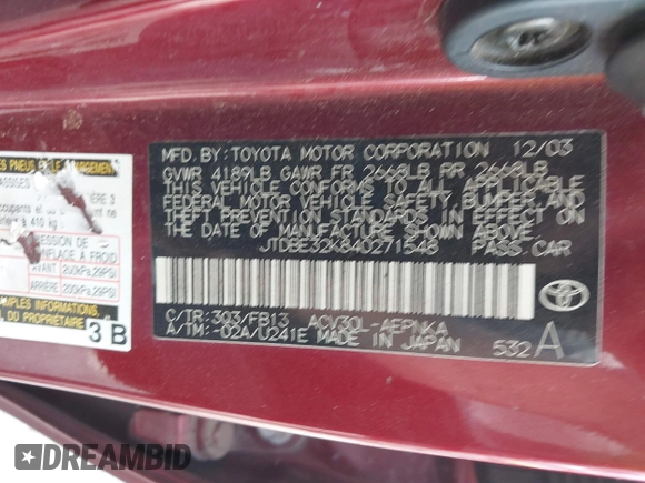 2004 Toyota Camry LE with VIN JTDBE32K840271548, listed as a IAAI auction lot 41835859 with 172,455 mi miles. Bid and sale history available at carsss.com. Image 9.