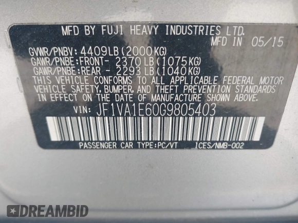 2016 Subaru WRX Premium with VIN JF1VA1E60G9805403, listed as a IAAI auction lot 42359095 with 80,983 mi miles and . Bid and sale history available at DreamBid. Image 9.