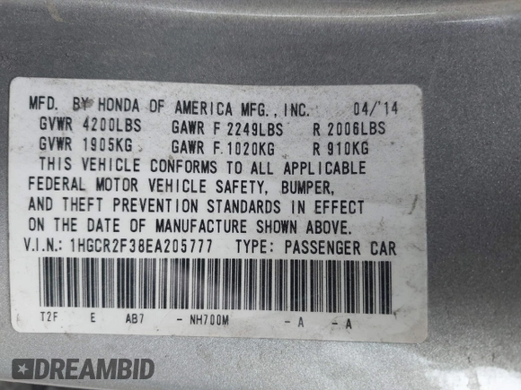2014 Honda Accord Sedan LX with VIN 1HGCR2F38EA205777, listed as a IAAI auction lot 40337082 with 96,347 mi miles. Bid and sale history available at carsss.com. Image 9.