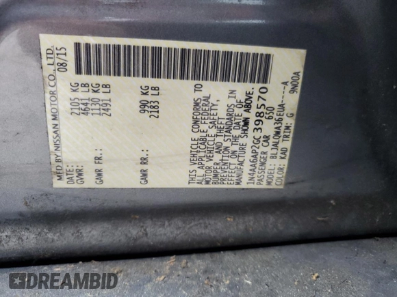 2016 Nissan Maxima SL with VIN 1N4AA6AP2GC398570, listed as a Copart auction lot 62481805 with 191,118 mi miles and Salvage title. Bid and sale history available at DreamBid. Image 13.