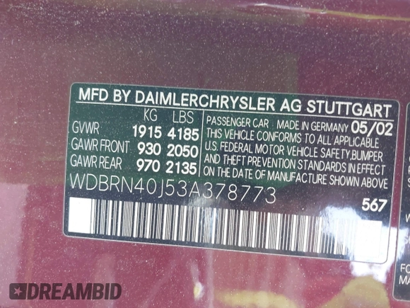 2003 Mercedes-Benz C 230 Kompressor with VIN WDBRN40J53A378773, listed as a IAAI auction lot 42208153 with Not provided miles and . Bid and sale history available at DreamBid. Image 9.