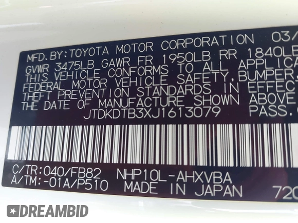 2018 Toyota Prius One with VIN JTDKDTB3XJ1613079, listed as a IAAI auction lot 42054108 with 43,440 mi miles and . Bid and sale history available at DreamBid. Image 9.