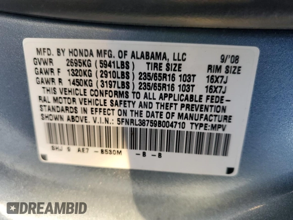 2009 Honda Odyssey EX-L with VIN 5FNRL38759B004710, listed as a Copart auction lot 54210425 with 171,674 mi miles and Salvage Title. Bid and sale history available at DreamBid. Image 13.