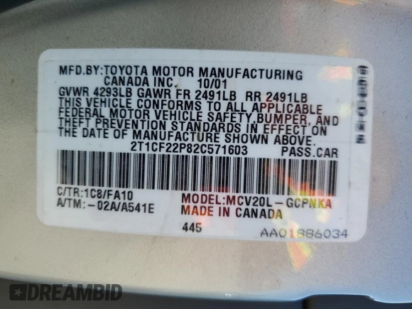 2002 Toyota Solara SE with VIN 2T1CF22P82C571603, listed as a Copart auction lot 61211805 with 157,570 mi miles and Salvage title. Bid and sale history available at DreamBid. Image 12.