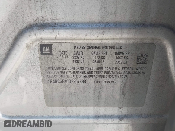 2013 Buick LaCrosse Leather with VIN 1G4GC5E36DF267888, listed as a IAAI auction lot 42584739 with 200,539 mi miles and . Bid and sale history available at DreamBid. Image 9.
