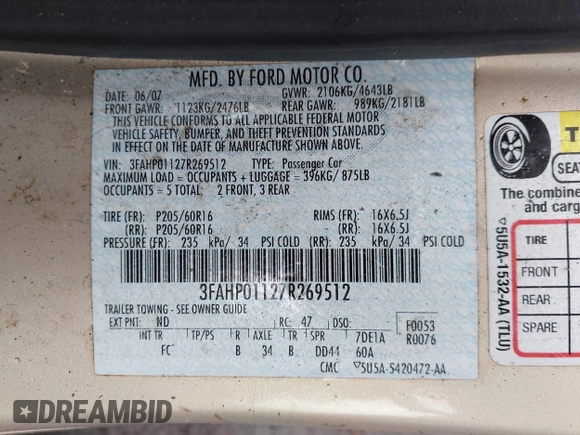 2007 Ford Fusion SE with VIN 3FAHP01127R269512, listed as a IAAI auction lot 41731182 with 227,870 mi miles. Bid and sale history available at carsss.com. Image 9.