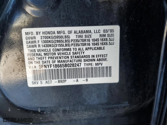 2005 Honda Pilot EX-L with RES with VIN 5FNYF18665B028247, listed as a Copart auction lot 87812355 with 211,331 mi miles and Salvage Title. Bid and sale history available at carsss.com. Image 12.