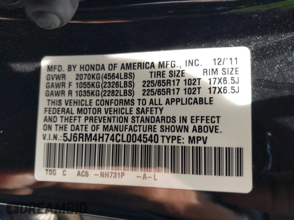 2012 Honda CR-V EX-L with VIN 5J6RM4H74CL004540, listed as a IAAI auction lot 39686102 with 149,970 mi miles. Bid and sale history available at carsss.com. Image 9.