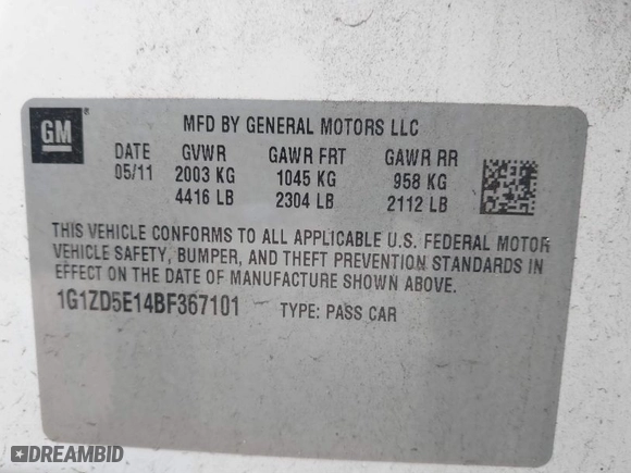 2011 Chevrolet Malibu LT w/2LT with VIN 1G1ZD5E14BF367101, listed as a IAAI auction lot 41640769 with NaN miles. Bid and sale history available at carsss.com. Image 9.