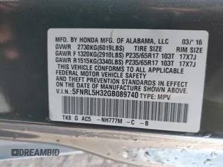 2016 Honda Odyssey SE with VIN 5FNRL5H32GB089740, listed as a IAAI auction lot 41402635 with 120,666 mi miles and . Bid and sale history available at DreamBid. Image 9.