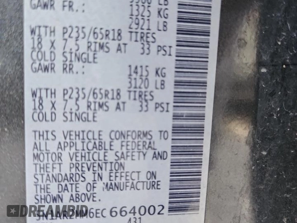 2014 Nissan Pathfinder S with VIN 5N1AR2MM6EC664002, listed as a Copart auction lot 58422385 with 173,711 mi miles and Salvage title. Bid and sale history available at DreamBid. Image 13.