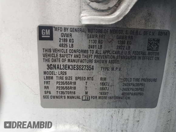 2014 Chevrolet Captiva Sport LT with VIN 3GNAL3EK3ES627354, listed as a Copart auction lot 80928844 with 127,514 mi miles and Clean Title. Bid and sale history available at DreamBid. Image 13.