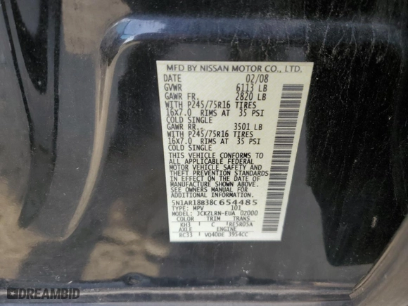 2008 Nissan Pathfinder SE with VIN 5N1AR18B38C654485, listed as a Copart auction lot 47213165 with NaN miles and Clean Title. Bid and sale history available at carsss.com. Image 12.