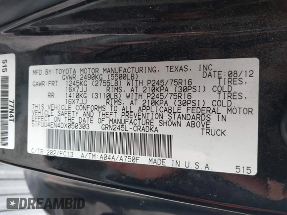 2013 Toyota Tacoma with VIN 5TFUU4EN4DX050303, listed as a IAAI auction lot 41833470 with 117,371 mi miles and . Bid and sale history available at DreamBid. Image 9.