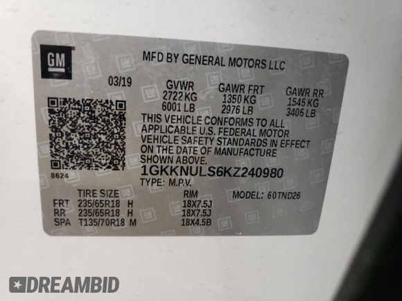 2019 GMC Acadia SLT with VIN 1GKKNULS6KZ240980, listed as a Copart auction lot 51655115 with 26,258 mi miles and Salvage Title. Bid and sale history available at DreamBid. Image 13.